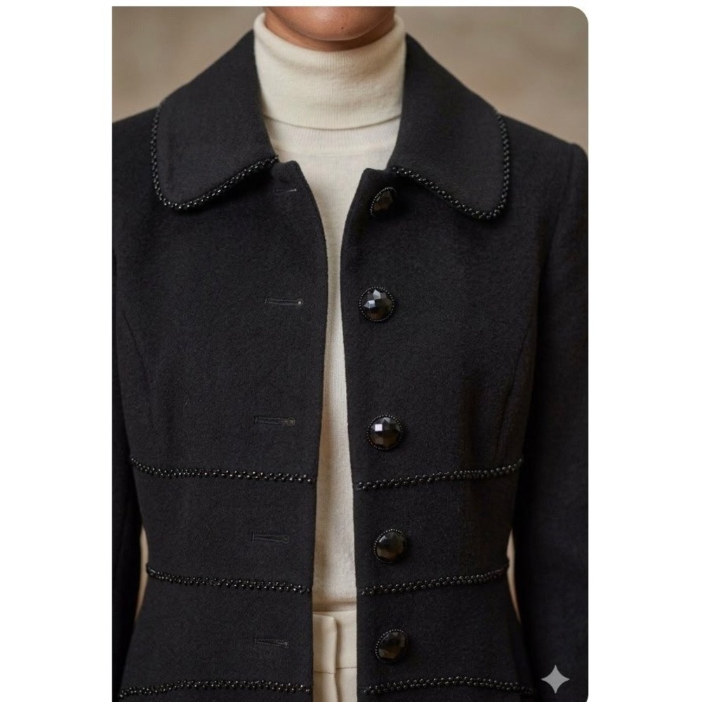 Oscar de la Renta Black Wool Angora Blend Braided Trim Long Coat Size 8 - Picture 2 of 7